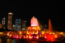 Chicago Skyline Panorama With Buckingham Fountain At Night