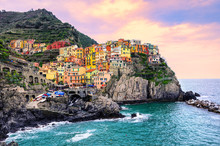 Colorful Houses On A Rock In Manarola, Cinque Terre, Italy