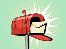 Cartoon Pop Art Red Mailbox Send Letter. Comic Hand Drawn Illustration - Mail Delivery With Envelope. Vector Isolated On Blue Halftone Background.