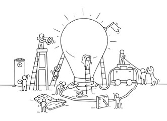 Wall Mural - Sketch of lamp idea construction with working people. Doodle cute miniature of building lighting lamp and preparing for the new creative. Hand drawn vector for business design and infographic.