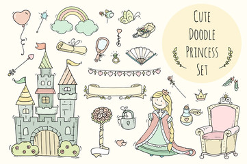  Cute cartoon princess collection with throne, castle, jewerly, crown. Doodle fairytale set for kids. Hand drawn vector illustration isolated on white. All objects are grouped separately.