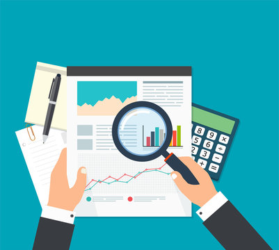 Business analyst, financial data analysis. Businessman with magn