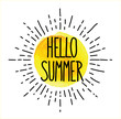 Hello summer! Vector freehand drawing with watercolor stains. Cute sun and beautiful inscription.