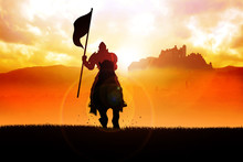 Silhouette Of A Medieval Knight On Horse Carrying A Flag