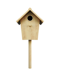 Wooden bird house on a pole isolated on a white background. Front view. 3d rendering.