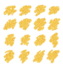 Gold. Gold placer . Metal gold. Yellow gold . Gold sparkle. Gold dust. Gold background. Gold glitter. Isolated placer gold on a white background.  Golden sand. Handful of gold .