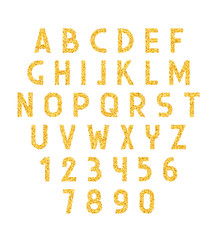 Poster - Font gold. Alphabet of placer gold . Font golden sand . Font of gold sparkles. Yellow font .
