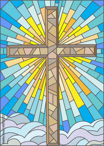 Fototapeta na wymiar Illustration in stained glass style to cross on a background of sky and clouds