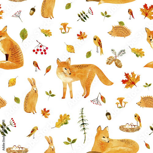 fox-krolik-jez-ptak-i-kwiatowy-wzor-akwarele-recznie-rysowane-ilustracja-biale-tlo