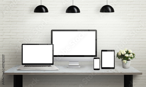 Devices On Desk With Isolated Screen For Mockup Computer Display