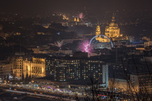 New Year Celebration. Fireworks Over Budapest, Hungary. St. Stephen's Basilica And Sziget Eye.
