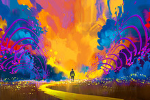 Man Walking To Abstract Colorful Landscape,illustration Painting