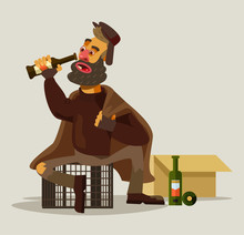 Homeless Man Drinking Alcohol. Vector Flat Illustration