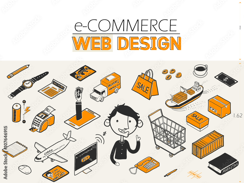 beautiful freehand drawing isometric graphic doodle design style of e-commerce :creative ideas. e-commerce freehand drawing doodle style illustration for web banners, brochure