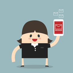 Businesswoman sending messages by smartphone, flat design, vecto