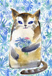 Cat with a blue bouquet flowers.Watercolor hand drawn illustration.Floral background.