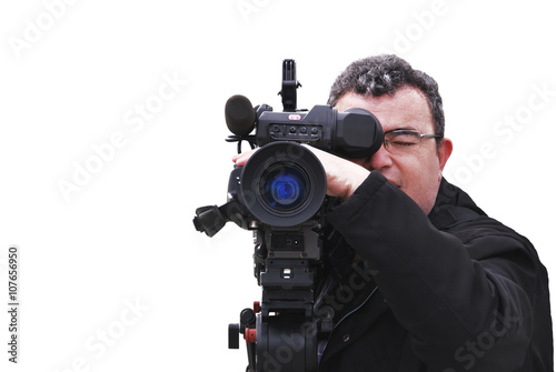 Fotografie, Obraz Videographer with camera isolated on white