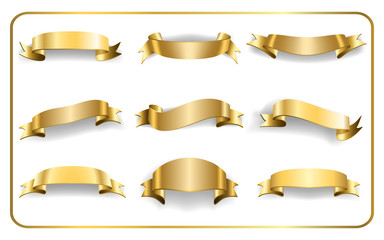Wall Mural - Gold ribbons set. Satin blank banners collection. Design label scroll blanks element, isolated on white background.  Empty template for greeting or advertising. Symbols decoration. Vector illustration