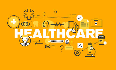 Fototapete - Thin line flat design banner for HEALTHCARE web page, medical support, healthcare insurance, diagnosis and treatment. Vector illustration concept of word HEALTHCARE for web and mobile website banners.