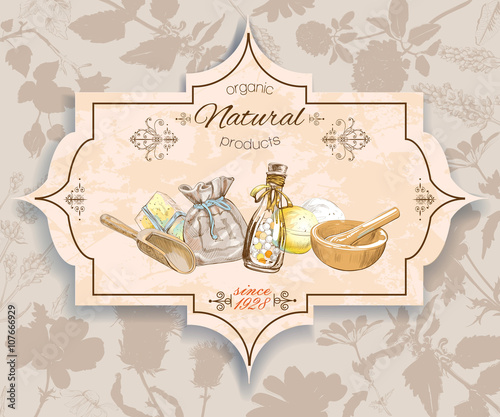 Vector Vintage Banner With Natural Products And Items On Herbal