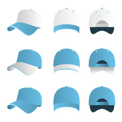 Wall Mural - Baby blue and white baseball cap vector set