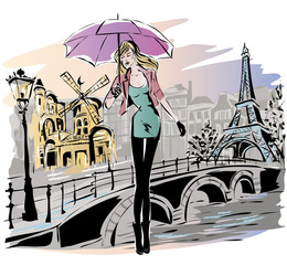 Wall Mural - Fashion girl rainy day in Paris