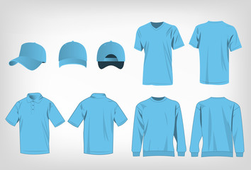 Wall Mural - Sport baby blue t-shirt, sweater, polo shirt and baseball cap isolated set vector