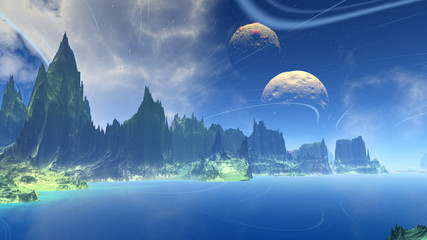 Wall Mural - fantasy alien planet. rocks and lake