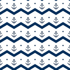 Chevron with anchors in blue and white seamless pattern, vector