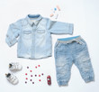 top view trendy denim look of baby boy clothes with toy and snea
