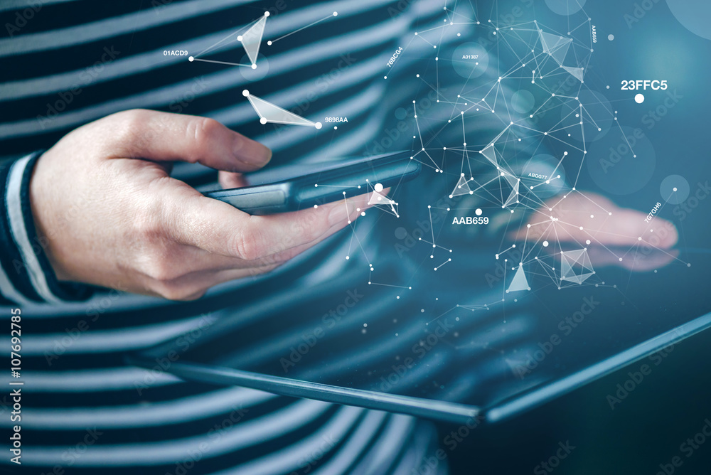 Smartphone and tablet data synchronization, woman syncing files