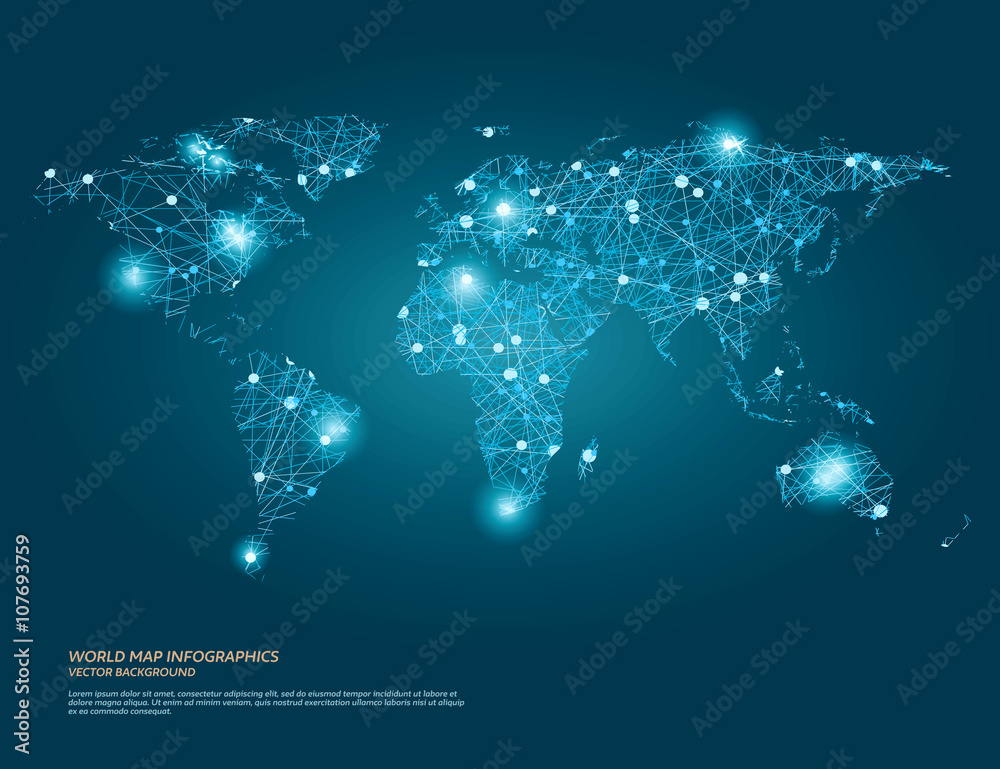 Vector world map illustration with glowing points and lines. Stock ...