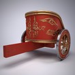 old scratched roman chariot. on gradient white background. metal wheels and gold decoration. 3D illustration