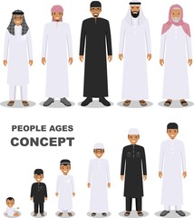 Arab people generations at different ages isolated on white background in flat style. Arab man aging: baby, child, teenager, young, adult, old people. Vector illustration.