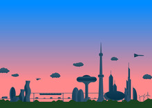 Modern Cityscape Panorama View The Evening Glow, Futuristic Buildings And Transportation, The Red Sky (after Sundown) In The West, Vector Illustration