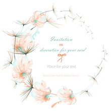 Wreath, Circle Frame With The Watercolor Pink And Mint Air Flowers And Dandelion Fuzzies, Hand Drawn On A White Background, Wedding Design, Greeting Card Or Invitation