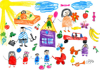 cartoon people happy lifestyle collection, child drawing object on paper, hand drawn art picture