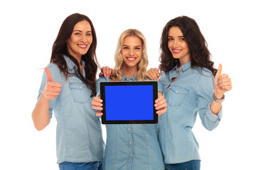 Sticker - 3 women showing the screen of  tablet and make ok