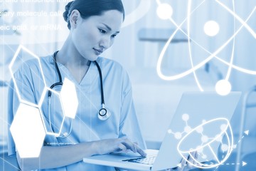 Poster - Composite image of concentrated surgeon using a laptop