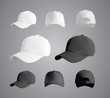 Baseball cap black and white templates, front, side, back views set, vector eps10 illustration isolated on white background