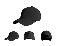 
Black Baseball Cap Set, Front, Side, Back Views, Vector Eps10 Illustration Isolated On White Background