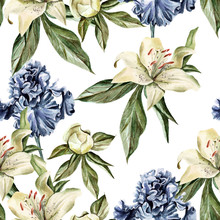 Watercolor Pattern With Flowers  Iris, Peonies And Lilies, Buds And Petals.