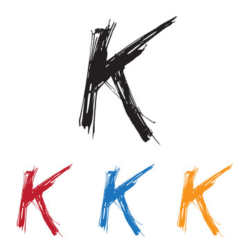 Sketchy Letter K in various Colors. Ink drawn typography. Brush lettering sign. Calligraphic Alphabet Letterform. Digital vector illustration. Isolated on white background.
