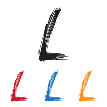 Sketchy Letter L in various Colors. Ink drawn typography. Brush lettering sign. Calligraphic Alphabet Letterform. Digital vector illustration. Isolated on white background.