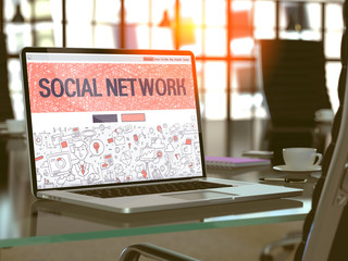 Poster - social network concept - closeup on landing page of laptop screen in modern office workplace. toned 