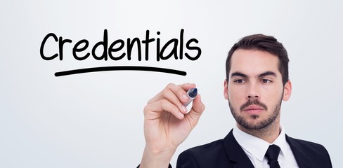 Sticker - Composite image of focused businessman writing with marker