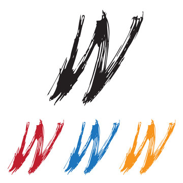 Sketchy Letter W in various Colors. Ink drawn typography. Brush lettering sign. Calligraphic Alphabet Letterform. Digital vector illustration. Isolated on white background.