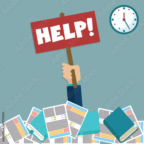 Fotografie, Obraz Businessman needs help under a lot of documents and holding a HELP placard