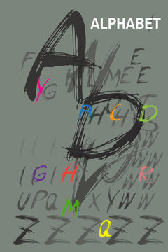 Sketchy Colorful Letters Alphabet on Black. Ink drawn typography. Brush lettering sign. Calligraphic Alphabet Letterform. Digital vector illustration. Isolated on gray background.