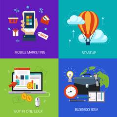 Sticker - Business banners, start-up, buy in one click, business idea and mobile marketing. Vector flat 